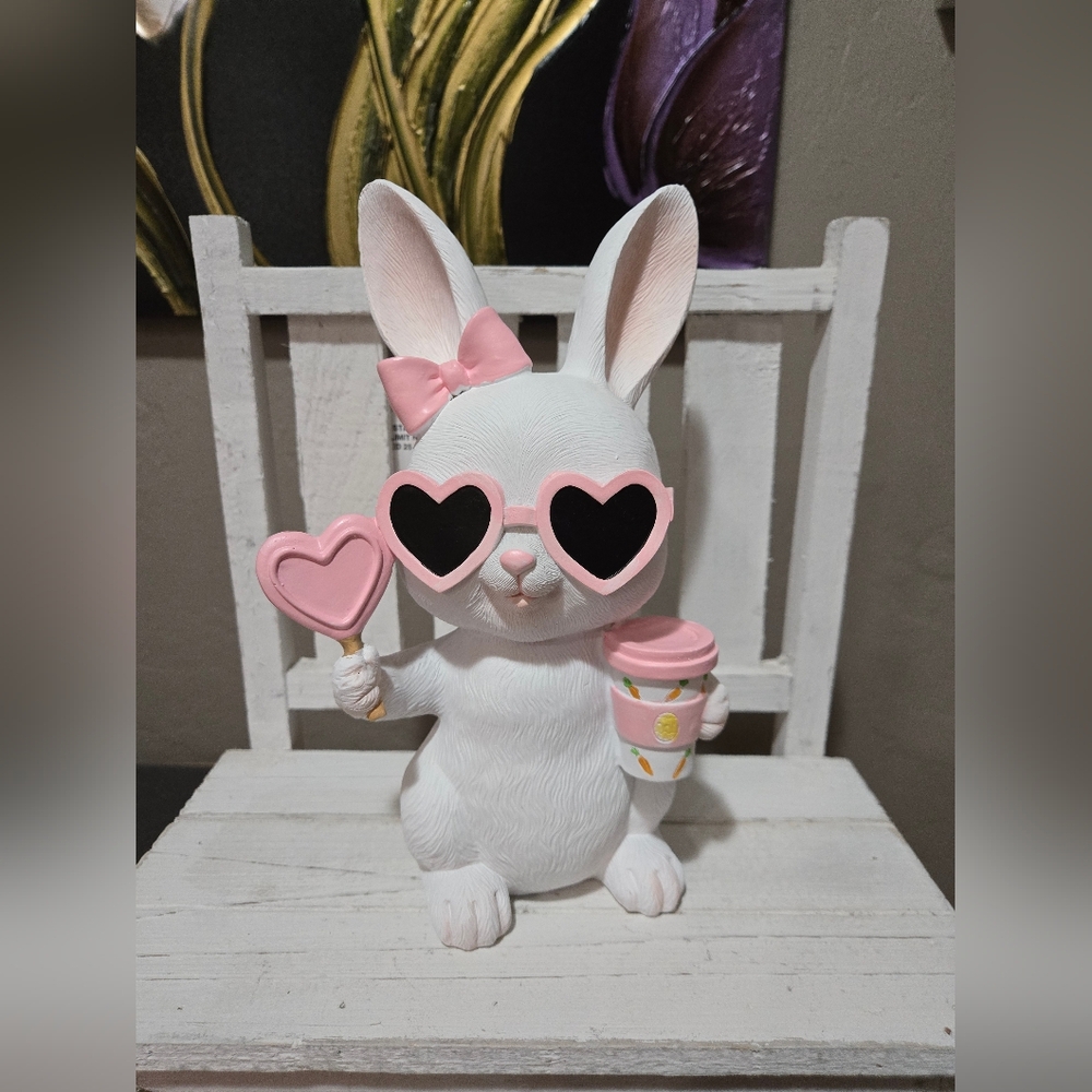 Easter Bunny Girl With Pink Sunglasses, Coffee And Heart Lollipop